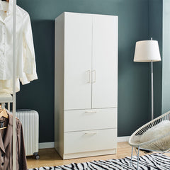 Emma Two-Door Wood Closet with Two Drawers and Hanging Bars in White