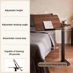Overbed Bedside Desk, Mobile Rolling Laptop Stand Tilting Overbed Table with Wheels, Height Adjustable Tray Bedside Table for Laptop Bed Sofa, WALNUT