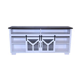 65.3" TV Stand with LED light strips and Iron mesh barn door Y decorative strip white + Black walnut color (top) farmhouse