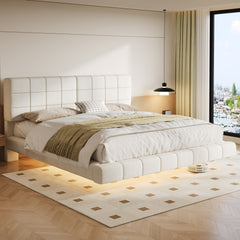 White Boucle Floating Bed with Light,King