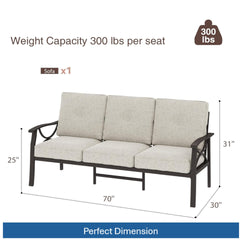 70 Inches All-Weather Metal 3-Seat Patio Sofa with Beige Cushions with Khaki Frame