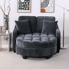 Two-seater sofa, double sofa chaise longue, with irregular armrests and backrests, footrest with storage space, comes with two small throw pillows, suitable for living room and bedroom - Black