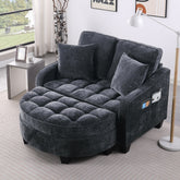 Two-seater sofa, double sofa chaise longue, with irregular armrests and backrests, footrest with storage space, comes with two small throw pillows, suitable for living room and bedroom - Black
