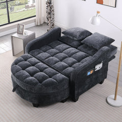 Two-seater sofa, double sofa chaise longue, with irregular armrests and backrests, footrest with storage space, comes with two small throw pillows, suitable for living room and bedroom - Black