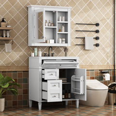 30'' Bathroom Vanity with Top Sink, Modern Bathroom Storage Cabinet with 2 Drawers and a Tip-out Drawer, Freestanding Vanity Set with Mirror Cabinet, Single Sink Bathroom Vanity