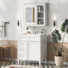 30'' Bathroom Vanity with Top Sink, Modern Bathroom Storage Cabinet with 2 Drawers and a Tip-out Drawer, Freestanding Vanity Set with Mirror Cabinet, Single Sink Bathroom Vanity