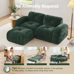 L-shaped Boneless Sofa,Soft Velvet Fabric,Tufted Design,32D High Density Sponge,No Assembly Required,Ergonomic Design Bottom, Anti-Slip Design,Movable Ottoman For Bedrooms,Green