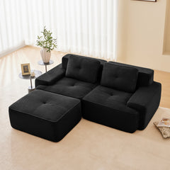 82" Modern L-Shaped Modular Sectional Sofa for Living Room, Corduroy Fabric, 2-Seater Couch with Deep Seat and Movable Ottoman, Pearl-like piping, Tufted Design, No Assembly, Anti-slip Design, Black