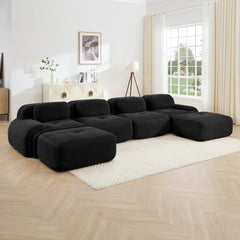 U-shaped modular sofa no assembly breathable corduroy fabric 32D high-resilience sponge extra-wide curved armrests pet-friendly ergonomic design for living rooms bedrooms,Black