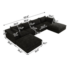157.6"Cloud Sofa,Corduroy Fabric,Deep Seat Couches,Double-layer design,Removable Cushion,No Assembly,DIY Combination for Living room, Bedroom,Conference room ,Apartment,Black