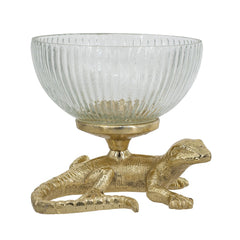 5x5x4.5" Gold Lizard Pedestal Bowl with Ribbed Glass Dish