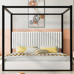 King Size Upholstery Canopy Platform Bed with Headboard and Metal Frame, White