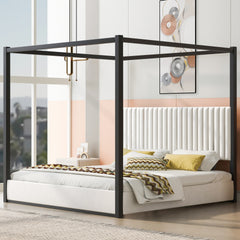 King Size Upholstery Canopy Platform Bed with Headboard and Metal Frame, White