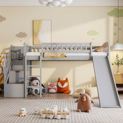 Stairway Twin Size Loft Bed with Two Drawers and Slide,Gray