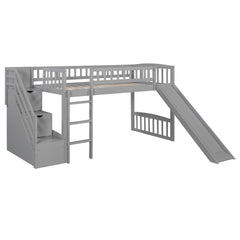 Stairway Twin Size Loft Bed with Two Drawers and Slide,Gray