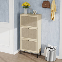 Rattan 3 Door Shoe Rack, Freestanding Modern Shoe Storage Cabinet, for Entryway