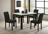 5pc White Faux-marble Top Plush Upholstered Chairs Rich Charcoal Fabric Sleek Black Legs Modern Contemporary