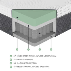 12" California King Mattress Green Tea Gel-Infused Memory Foam Hybrid Mattress, Plush Foam Pocket Coils, Mattress in a Box, Comfortable Sleep Mattress