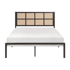 1pc Queen Platform Bed, Metal Frame Dark Bronze Finish Faux Cane Panel Headboard Casual Coastal Bedroom Furniture, Bed in a Box