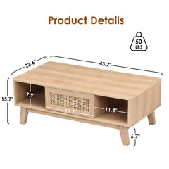 Coffee Table, Mid Century Living Room Tables with Storage, Modern Square with Rattan Drawer, Wooden Living Room Table with Solid Wood Leg