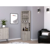 Corner bar cabinet 71" H, with two shelves at the top, 1 glass holder, 8 exterior bottle racks, 1 central shelf and a lower drawer with 2 side doors, light gray