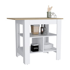 Kitchen Island, kitchen table 35" H, 3 Open Shelves, White/Macadamia