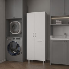 FM FURNITURE The Mirage Modern Storage Cabinet with 2 Doors, 1 Drawer, and Metal Legs, Perfect for Organizing Bathrooms, Laundry Rooms, and Common Areas, White