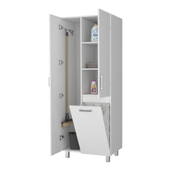 FM FURNITURE The Mirage Modern Storage Cabinet with 2 Doors, 1 Drawer, and Metal Legs, Perfect for Organizing Bathrooms, Laundry Rooms, and Common Areas, White