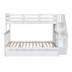 Twin-Over-Full Bunk Bed with Twin size Trundle, Storage and Guard Rail for Bedroom, Dorm, for Adults, White