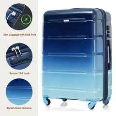 Luggage Sets 5 Piece, 20-inch with USB Port, ABS Durable Suitcase with Travel Bag, ABS+PC Hard Shell Luggage with Spinner Wheels, navy