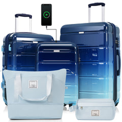Luggage Sets 5 Piece, 20-inch with USB Port, ABS Durable Suitcase with Travel Bag, ABS+PC Hard Shell Luggage with Spinner Wheels, navy