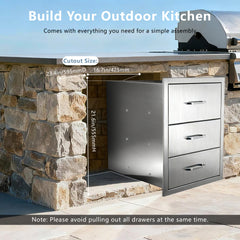 Outdoor Kitchen Drawers Stainless Steel, Flush Mount Triple Drawer, 18Wx23Hx23D with Stainless Steel Handle, BBQ Drawers for Outdoor Kitchens or BBQ Island