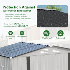 8X6 FT Metal Outdoor Storage Shed, Tool Shed with Pitched Roof Waterproof with Side Window and Lockable Door, Metal Tool Shed for Garden Tool Storage, Everyday Sundries and Bike Storage, White + Gray