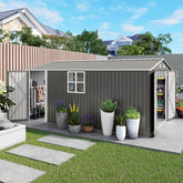10x14 FT Outdoor Metal Storage Shed, Durable Garden Shed with Three Lockable Doors and Clear Window for Backyard, Patio, Garden, All-Weather Shelter for Bike, Gardening Tools, Lawn Mowers, Grey