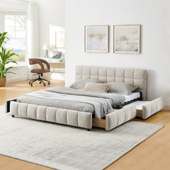 Queen Size Upholstered Bed ,comfortable upholstered bed frame, Chenille fabric, with headboard and solid bed frame. With drawer for storage.-Beige(88.5''*68.5''*31'')