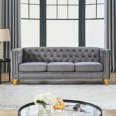 Velvet Sofa for Living Room,Buttons Tufted Square Arm Couch, Modern Couch Upholstered Button and Metal Legs, Sofa Couch for Bedroom, Grey Velvet(W834S00020)