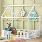 Full Size Wood House Bed with Fence and Door, White