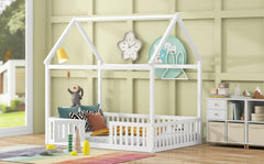 Full Size Wood House Bed with Fence and Door, White