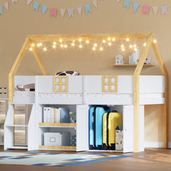 Twin-size low loft bed with Step Staircase, Shelving, Cabinets and LED lights, White and Natural