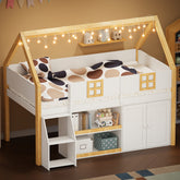 Twin-size low loft bed with Step Staircase, Shelving, Cabinets and LED lights, White and Natural