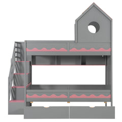 Twin Over Twin with House and Drawer,Staircase, LED,Gray