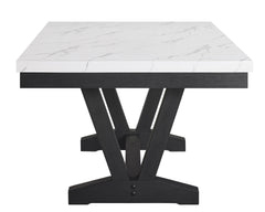1pc Transitional Modern Formal Dining Table White Faux Marble Rectangular Table Top Trestle Base Black Finish Legs Wooden Dining Room Furniture