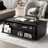 U-Can Modern Rectangle Coffee Table with 4 Drawers and 2 Display Shelves, 47.2" Wood Coffee Table with Fluted Style, Tempered Glass for Living Room
