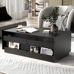 U-Can Modern Rectangle Coffee Table with 4 Drawers and 2 Display Shelves, 47.2" Wood Coffee Table with Fluted Style, Tempered Glass for Living Room