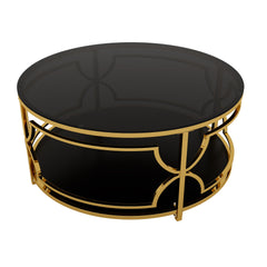 Round Tempered Glass Coffee Table in 30.7",Luxurious Geometric Metal Frame,Gold Finish & Lower Shelf, Black