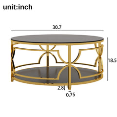 Round Tempered Glass Coffee Table in 30.7",Luxurious Geometric Metal Frame,Gold Finish & Lower Shelf, Black