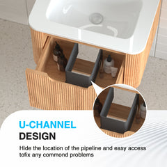 24" Wall-Mounted Floating Bathroom Vanity Pre-Assembled Curved Edge Storage Bathroom Cabinet in Natural Walnut Color with White Ceramic Basin