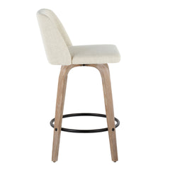 Toriano 26" Contemporary Fixed-Height Counter Stool with Swivel in Whitewashed Wood and Cream Fabric with Round Black Metal Footrest by LumiSource - Set of 2
