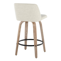 Toriano 26" Contemporary Fixed-Height Counter Stool with Swivel in Whitewashed Wood and Cream Fabric with Round Black Metal Footrest by LumiSource - Set of 2