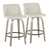Toriano 26" Contemporary Fixed-Height Counter Stool with Swivel in Light Grey Wood and Cream Fabric with Round Black Metal Footrest by LumiSource - Set of 2
